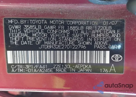 2007 Toyota Corolla Ce из США, поврежденный, VIN JTDBR32E270122796